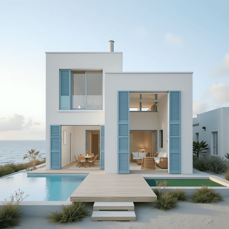 Coastal Modern Beach House with Blue Shutters and Ocean Views